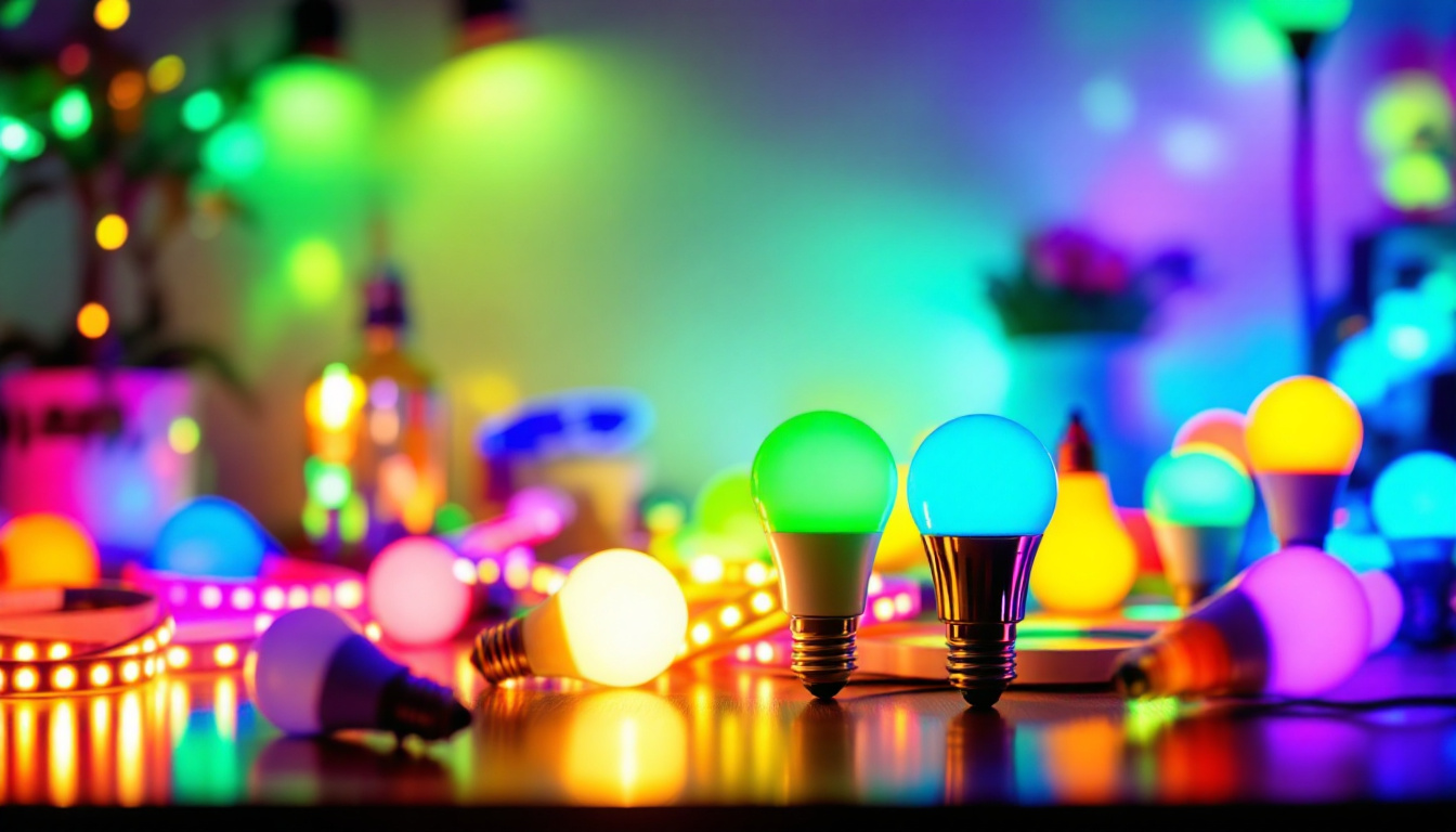 A photograph of a vibrant display of various rgb led strips and bulbs in a well-lit setting