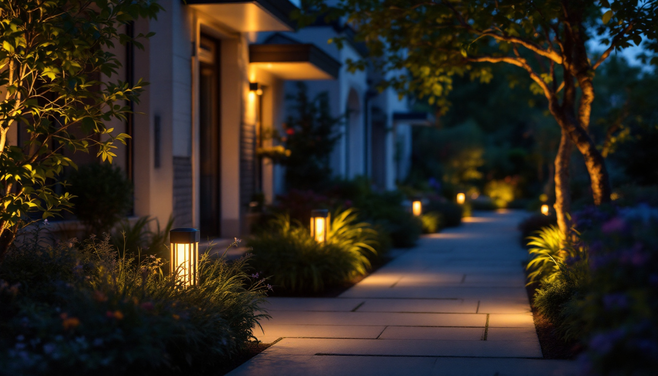 A photograph of a beautifully illuminated outdoor space featuring motion sensor lights in action