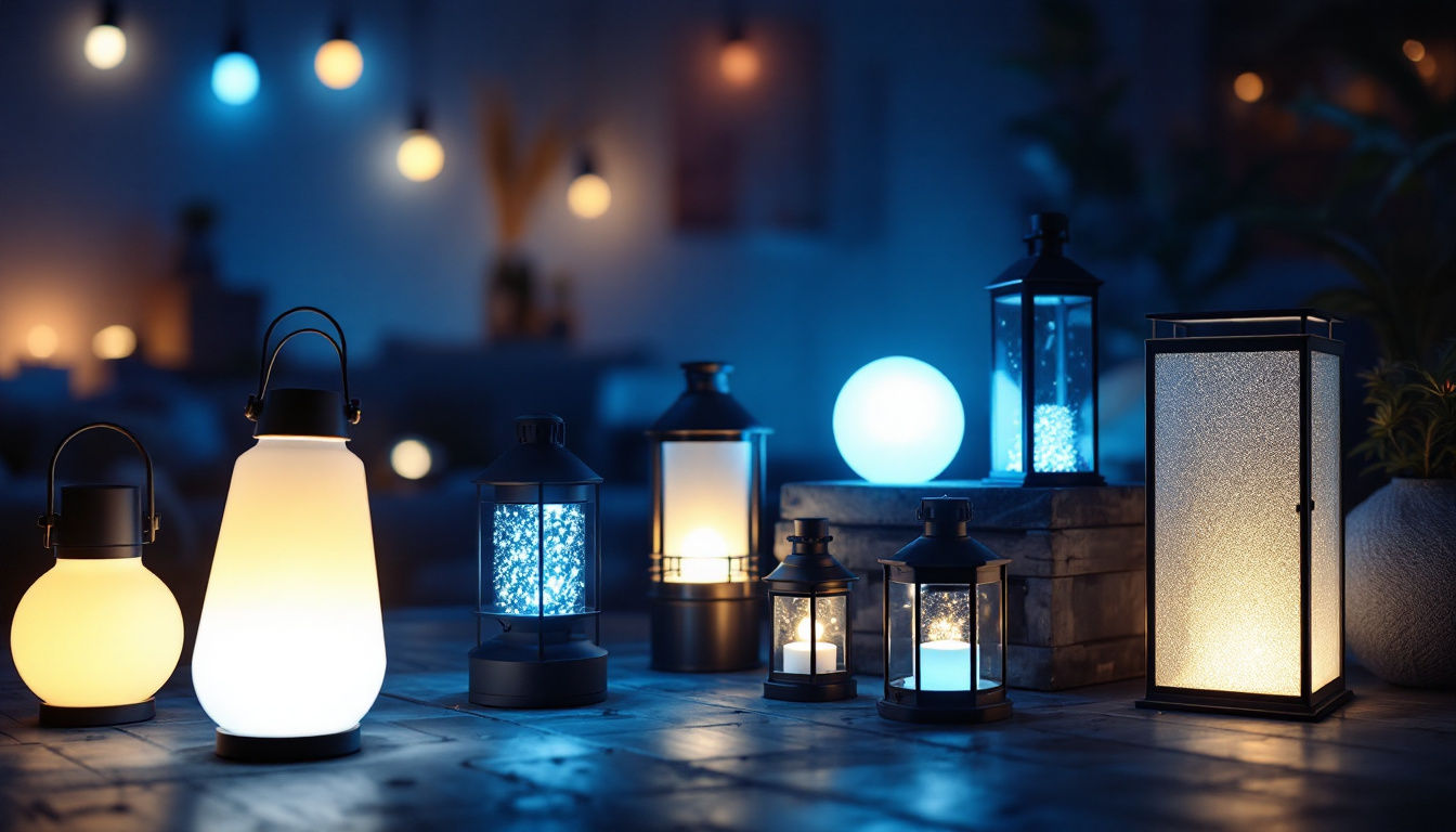 A photograph of a beautifully arranged display of various led lantern lights in a dimly lit setting