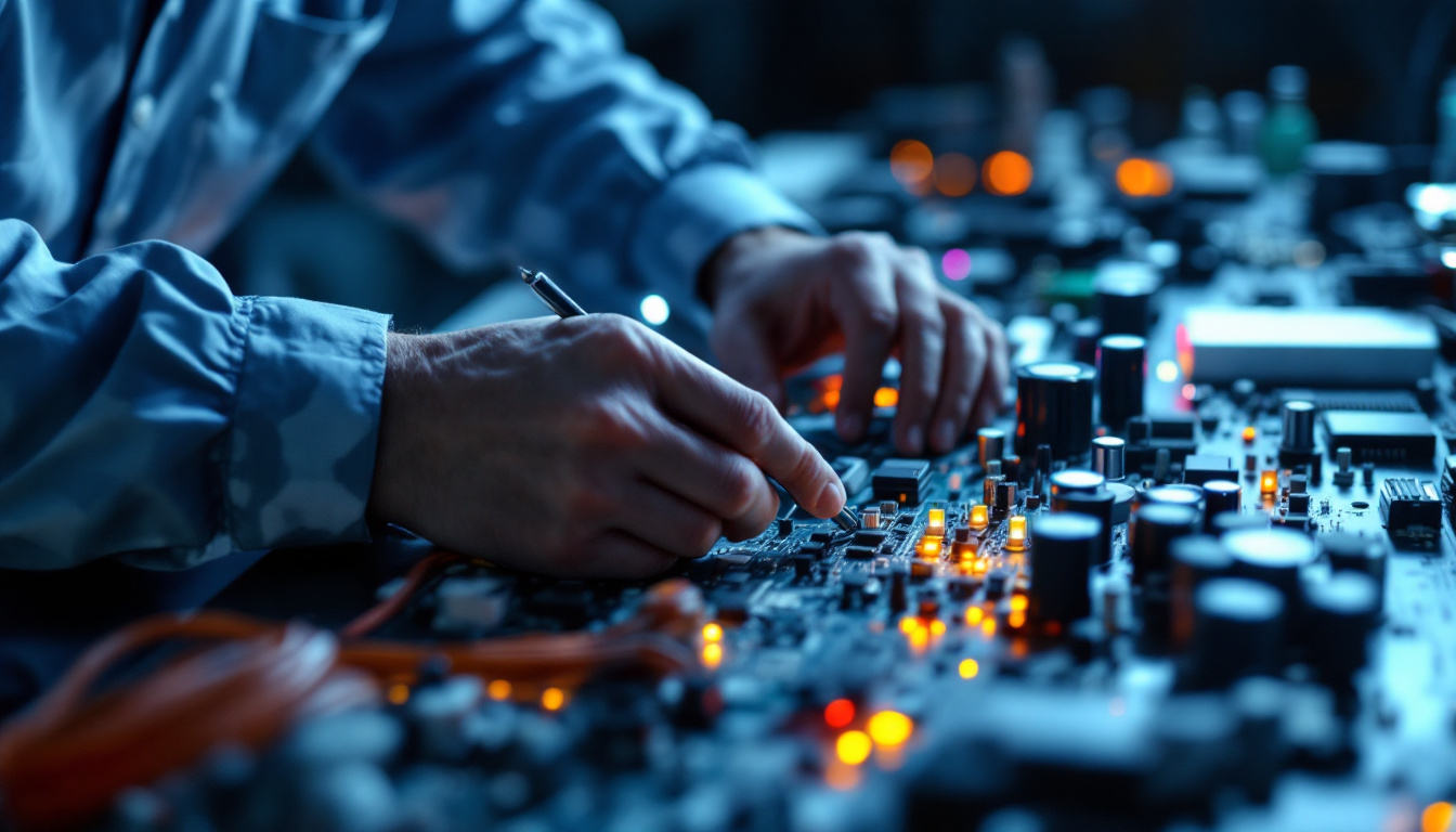 A photograph of a skilled electrical engineer working on a circuit board