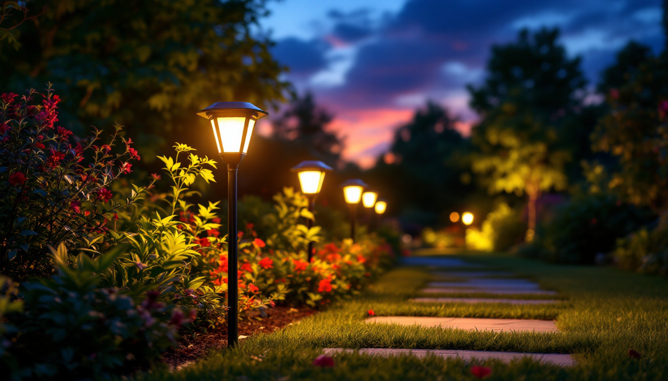 A photograph of a solar light installation in a vibrant outdoor setting during twilight