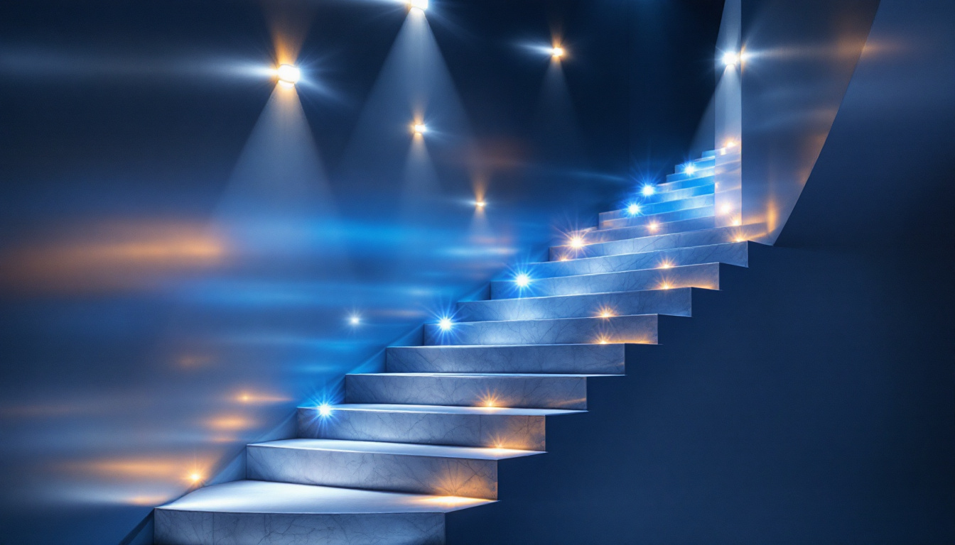 A photograph of a beautifully illuminated staircase that showcases a variety of lighting solutions