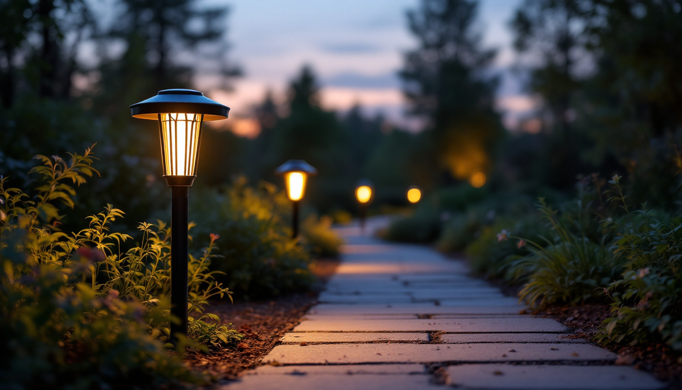 A photograph of a beautifully illuminated solar pathway light in a serene outdoor setting at dusk