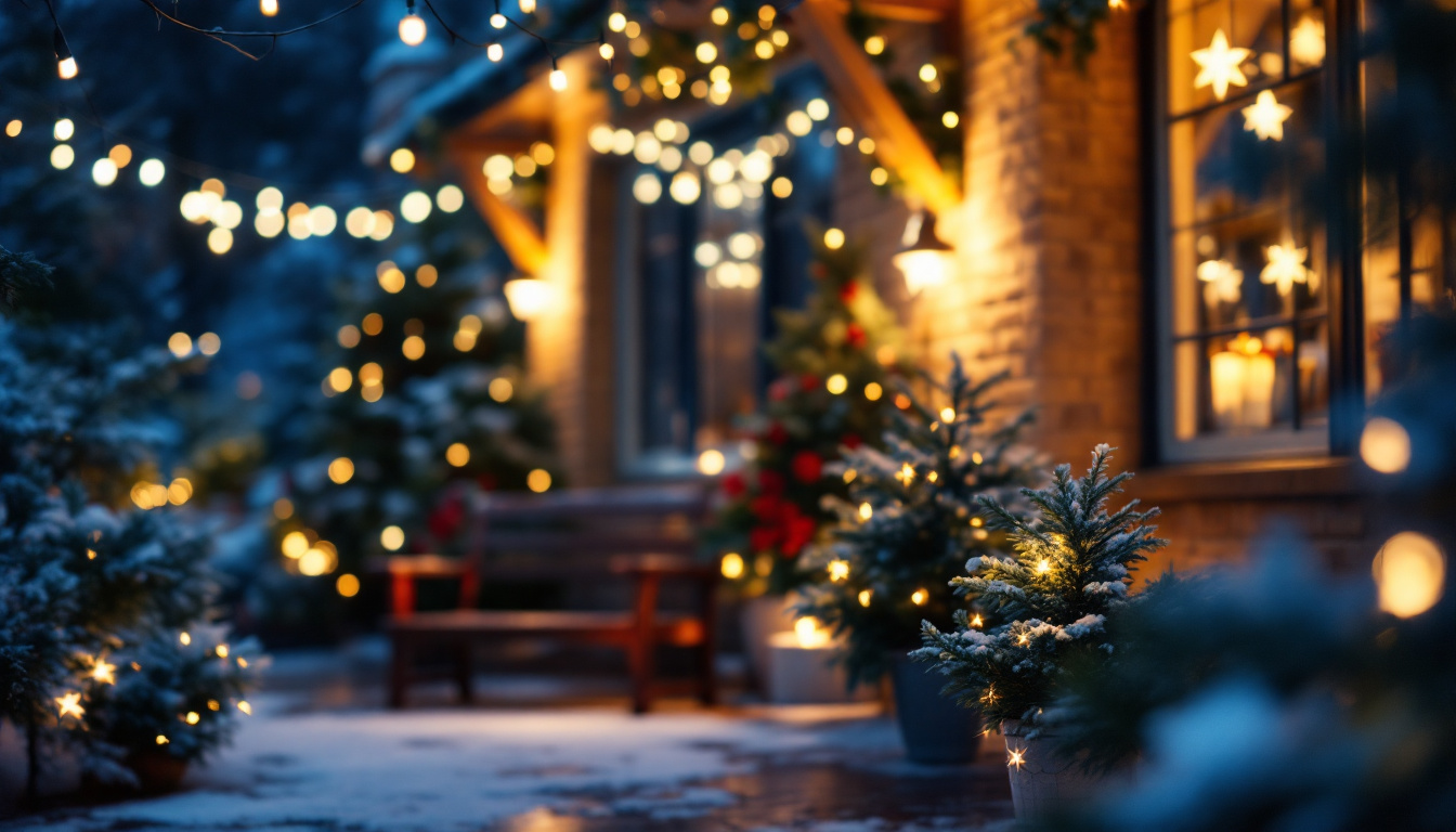 A photograph of a beautifully decorated outdoor space showcasing projection christmas lights illuminating various fixtures