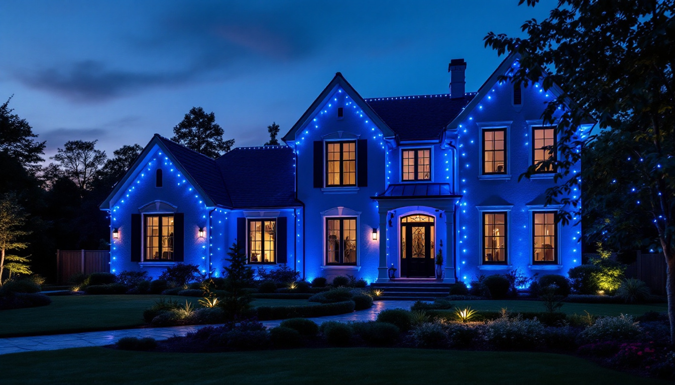A photograph of a beautifully lit house adorned with blue lights at dusk