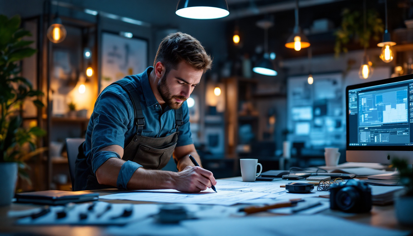 A photograph of a skilled electrical engineer working intently on a lighting design project