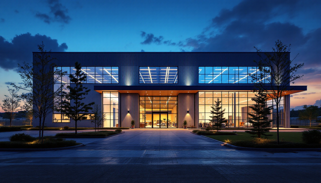 A photograph of a well-lit exterior of a warehouse at dusk