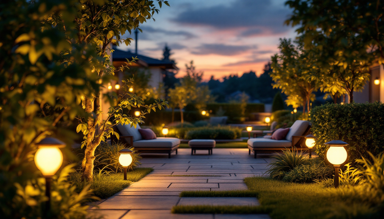 A photograph of a beautifully illuminated outdoor space featuring various styles of solar light bulbs in use
