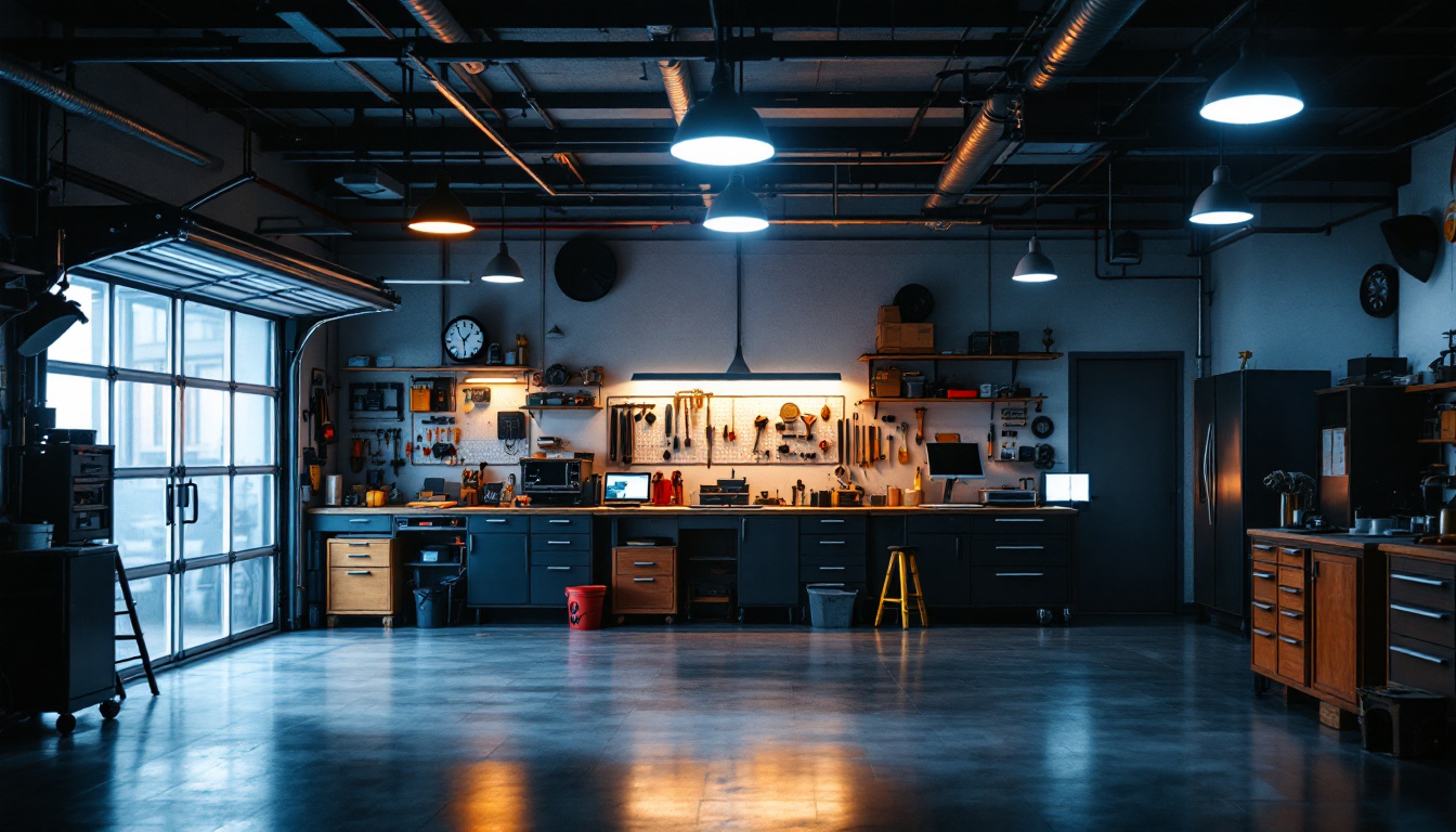 A photograph of a well-lit garage showcasing various lighting options