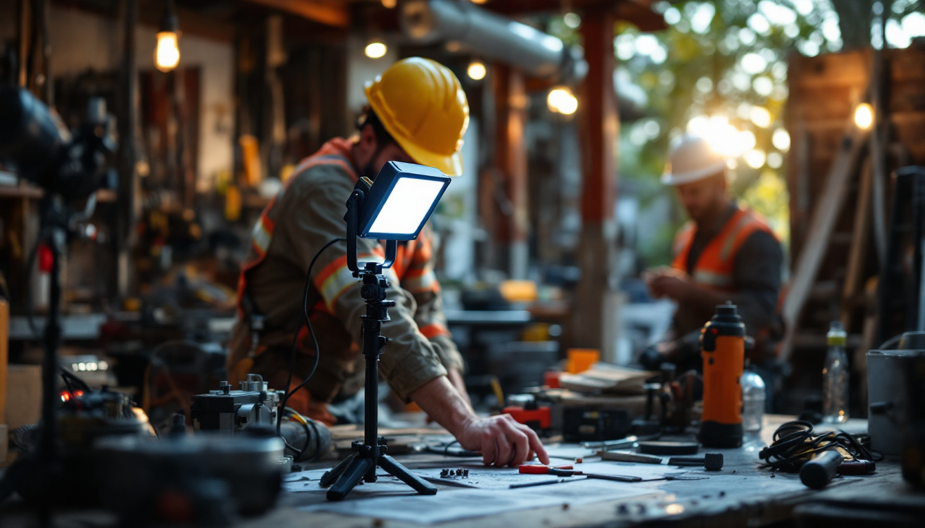 A photograph of a portable field light setup in an outdoor engineering environment
