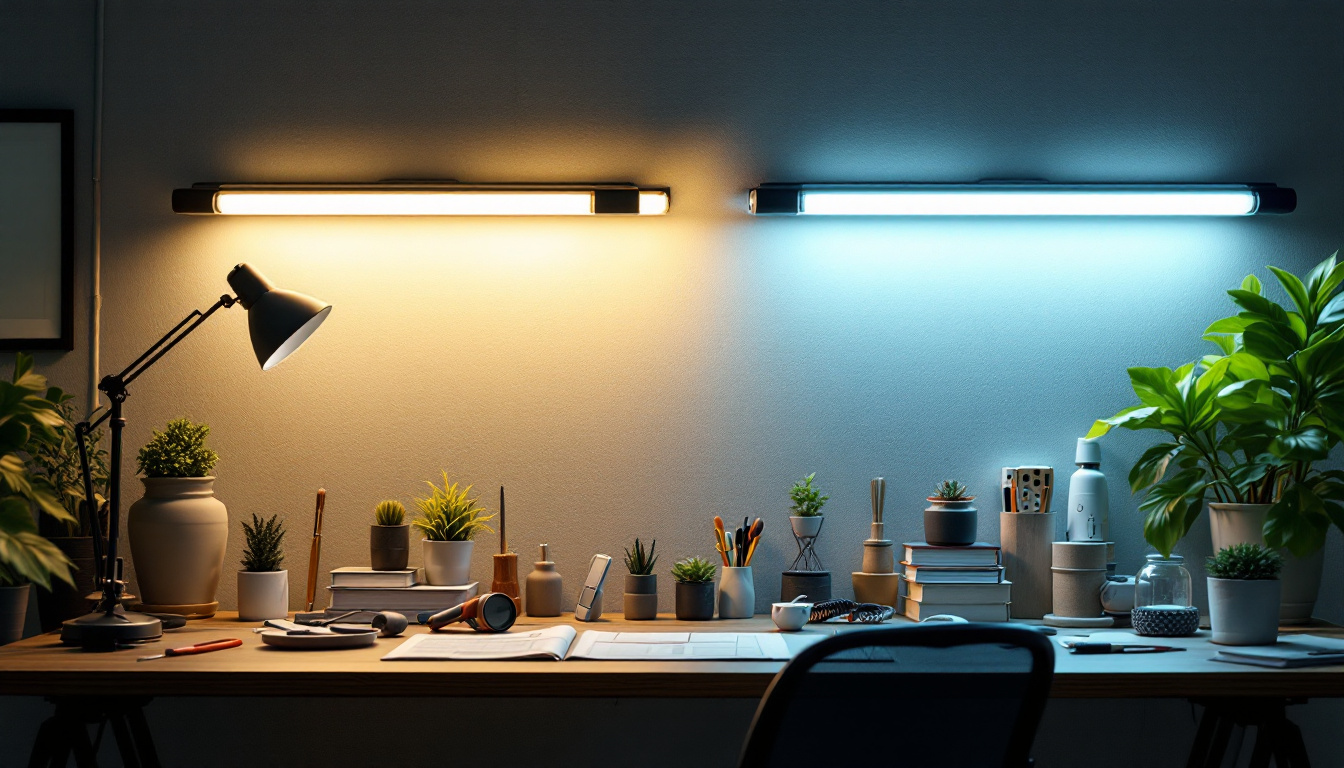 A photograph of a well-lit workspace showcasing both t12 fluorescent lights and their led replacements