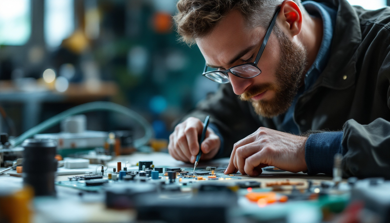 A photograph of a skilled electrical engineer working intently on a circuit board with various ballast electronic components
