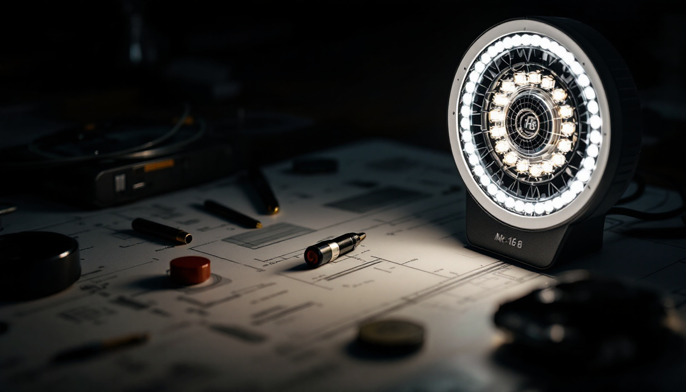 A photograph of a close-up shot of a mr-16 led lamp illuminated in a dark setting