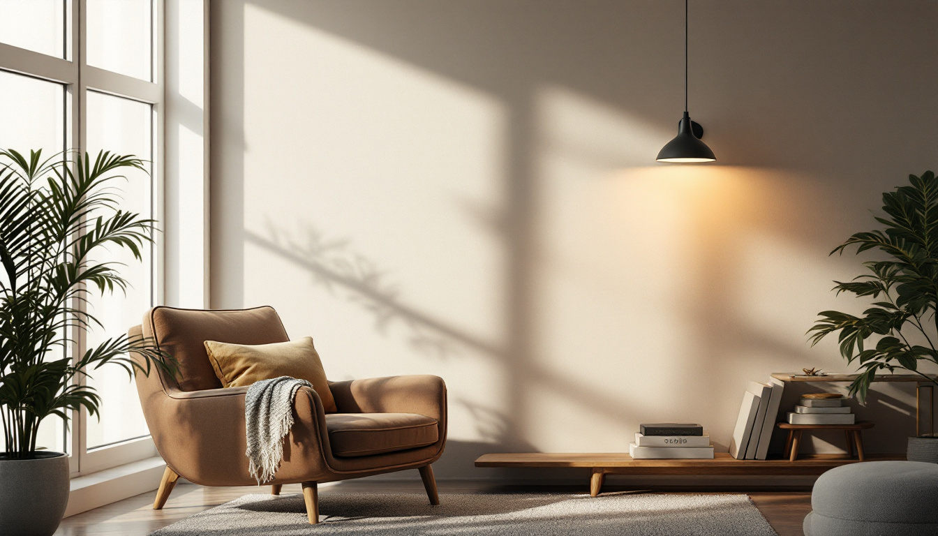 A photograph of a well-lit corner room featuring a stylish lighting fixture