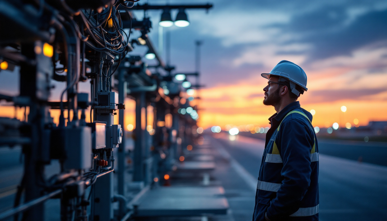 A photograph of a skilled electrical engineer inspecting or working with airport lighting systems at dusk