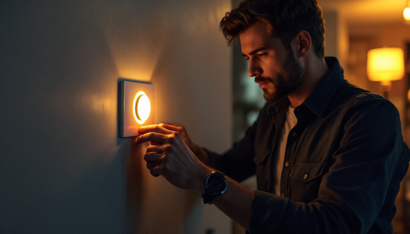 A photograph of an electrical engineer installing or adjusting a modern dimmer switch in a stylishly lit room