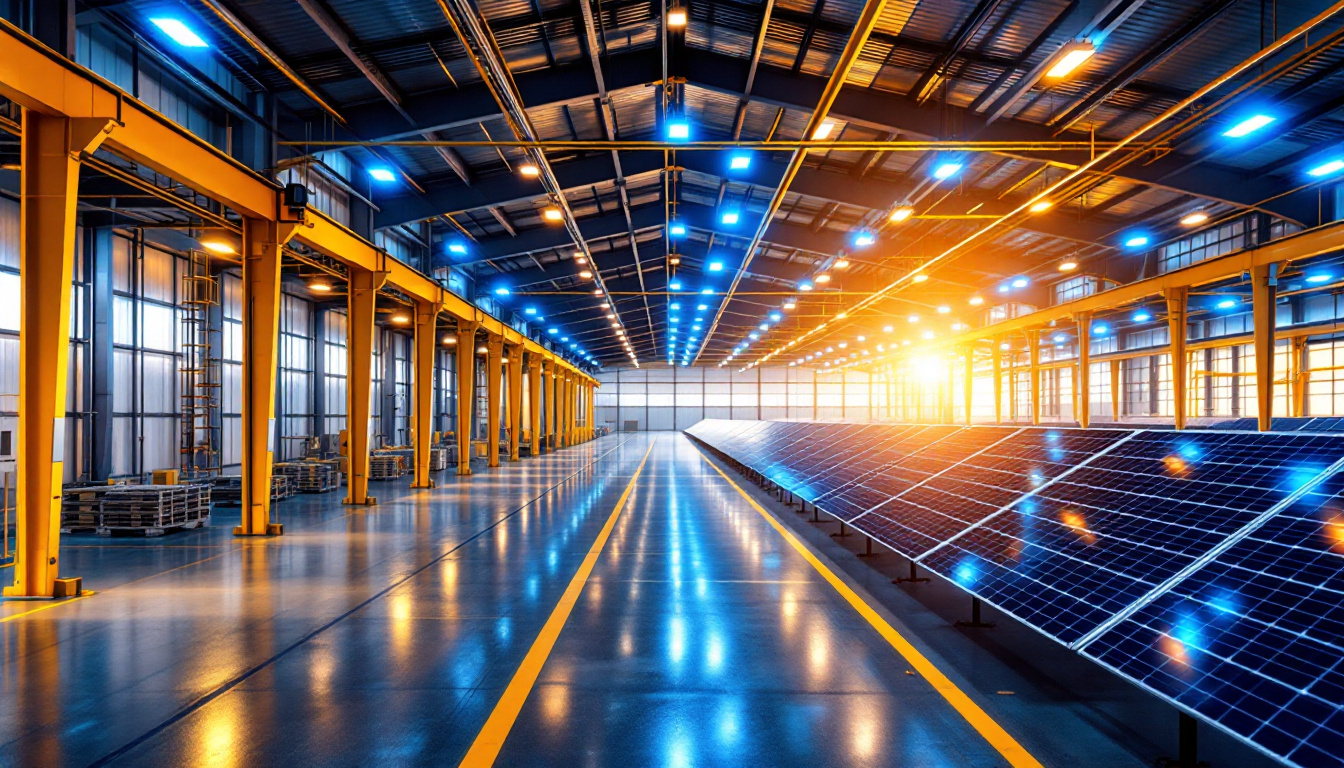 A photograph of a vibrant solar power warehouse