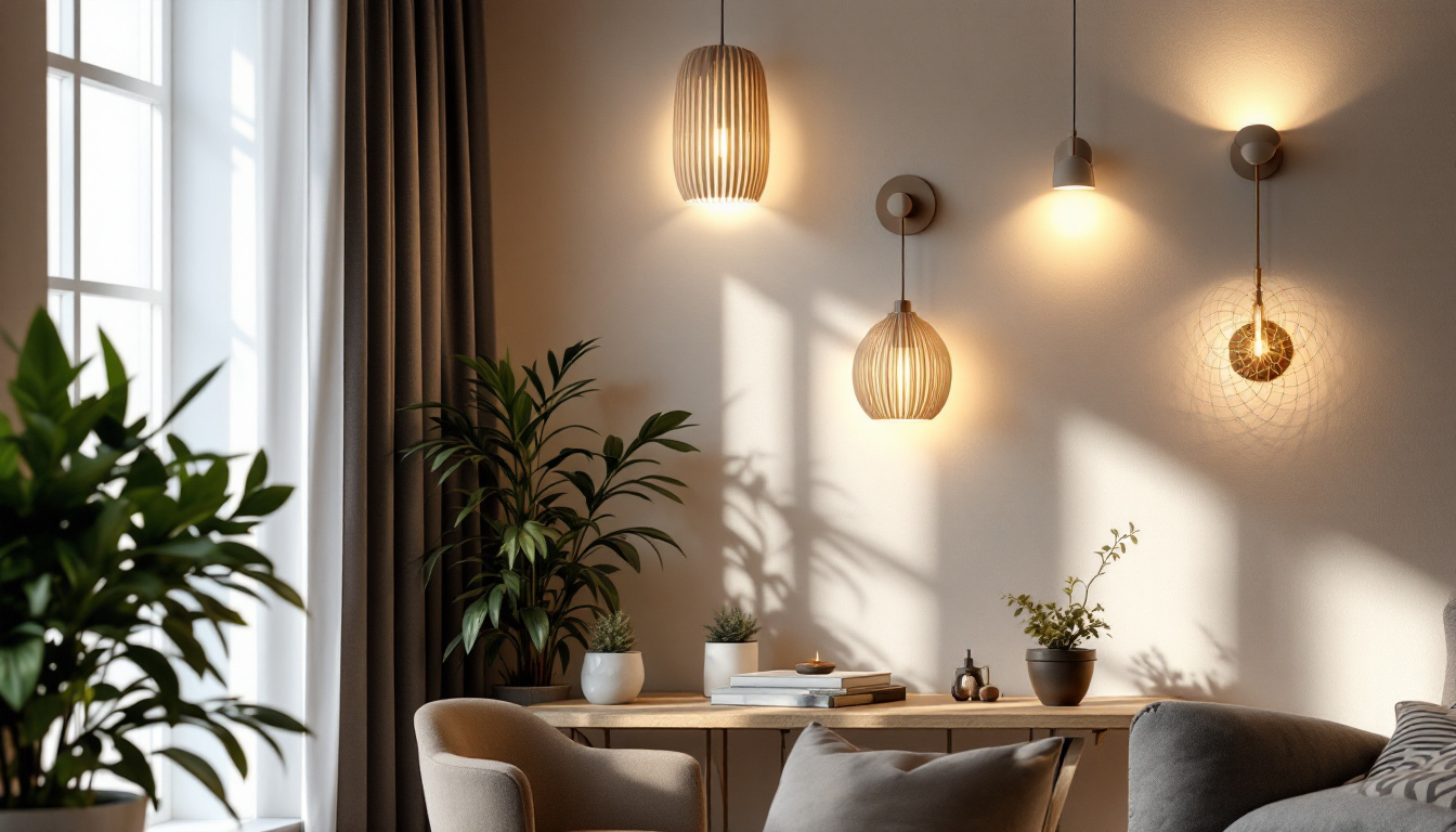 A photograph of a beautifully designed interior space featuring various styles of wall lights