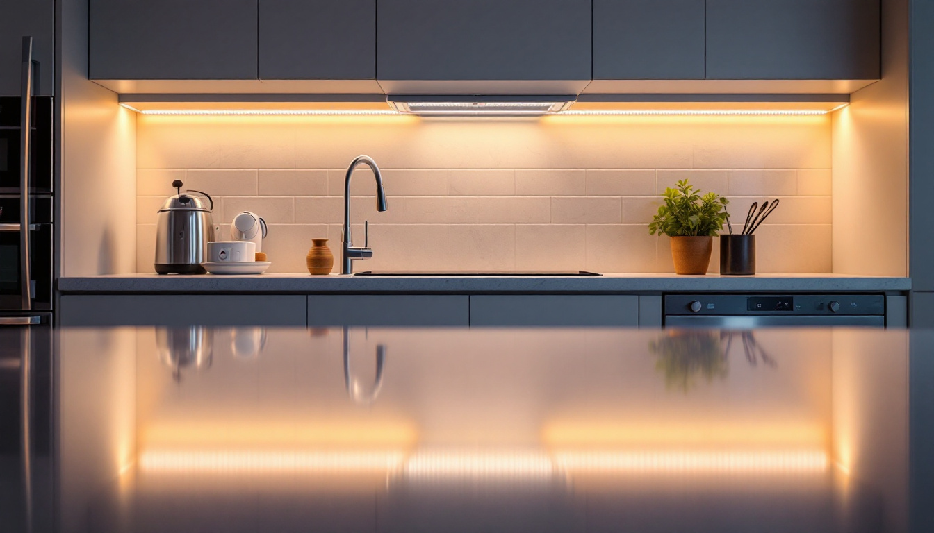 A photograph of a beautifully lit kitchen showcasing under cabinet led light strips illuminating the countertop