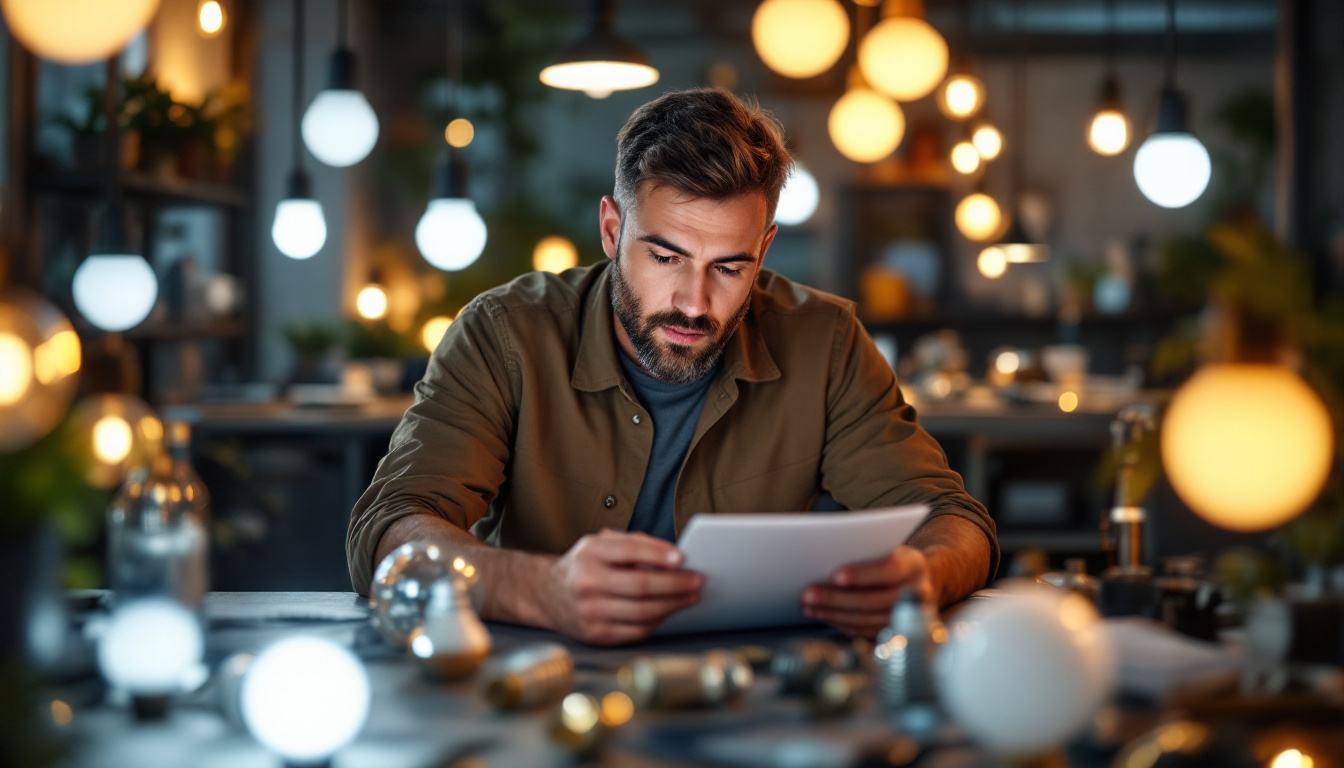 A photograph of a lighting engineer in a modern workspace