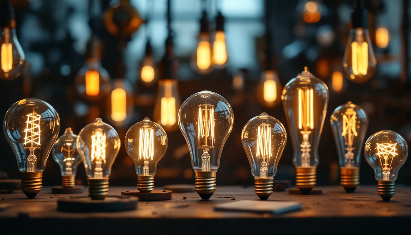 A photograph of a beautifully arranged display of vintage lightbulbs in various shapes and sizes