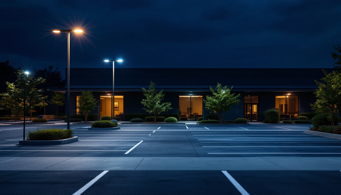 A photograph of a well-lit commercial parking lot at dusk