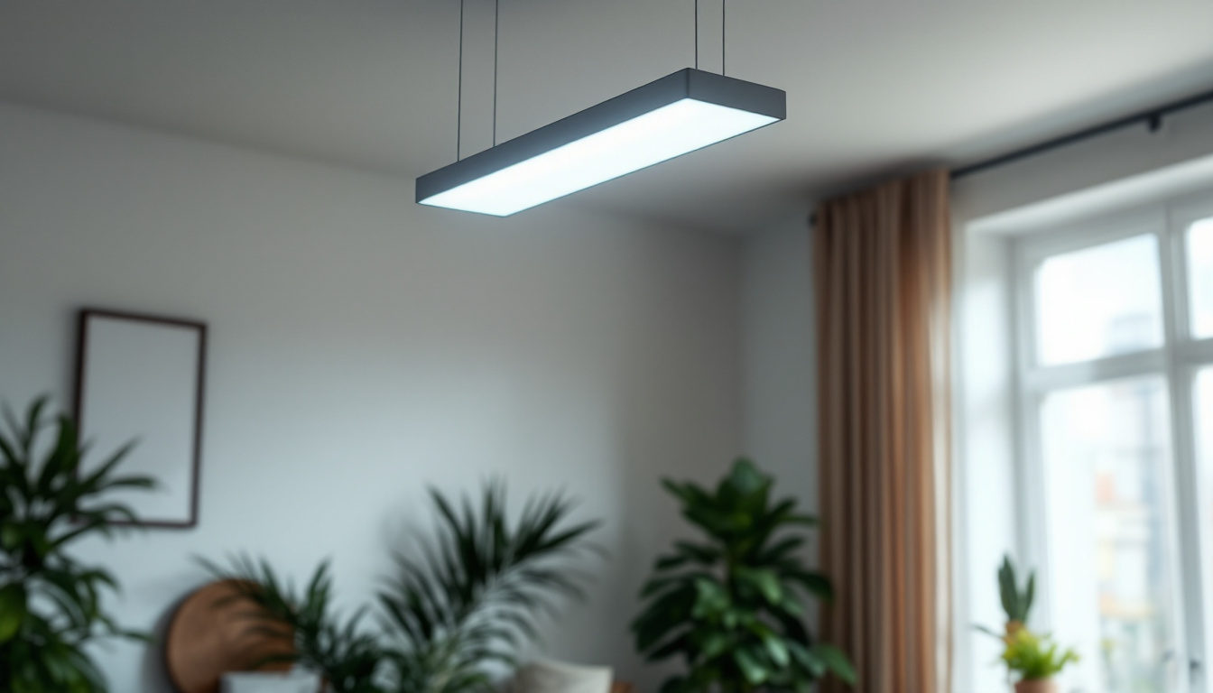 A photograph of a modern fluorescent ceiling lamp installed in a well-lit room