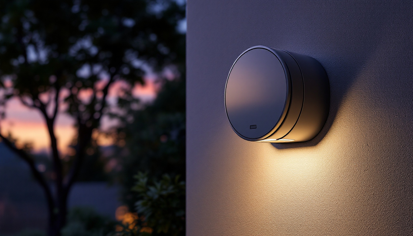 A photograph of a round weatherproof box mounted on a stylish outdoor lighting fixture