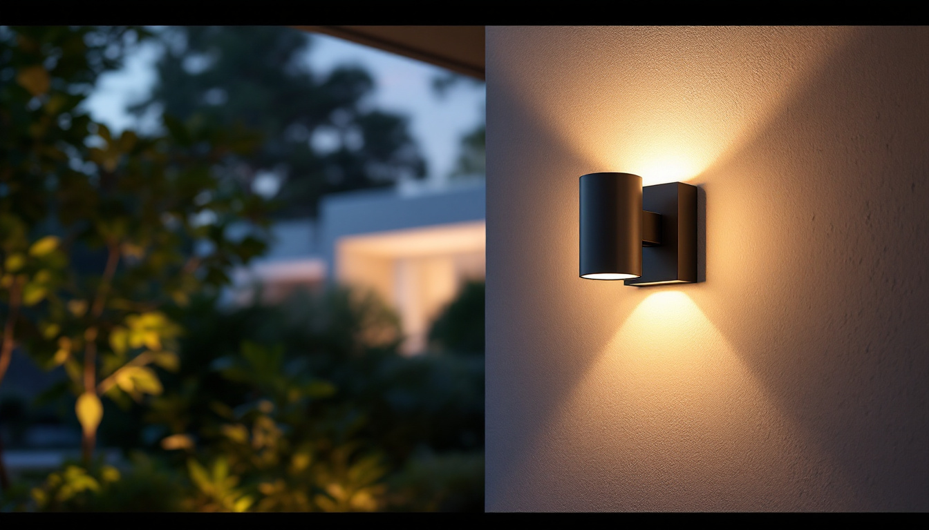 A photograph of a stylish outdoor led sconce mounted on a modern home exterior