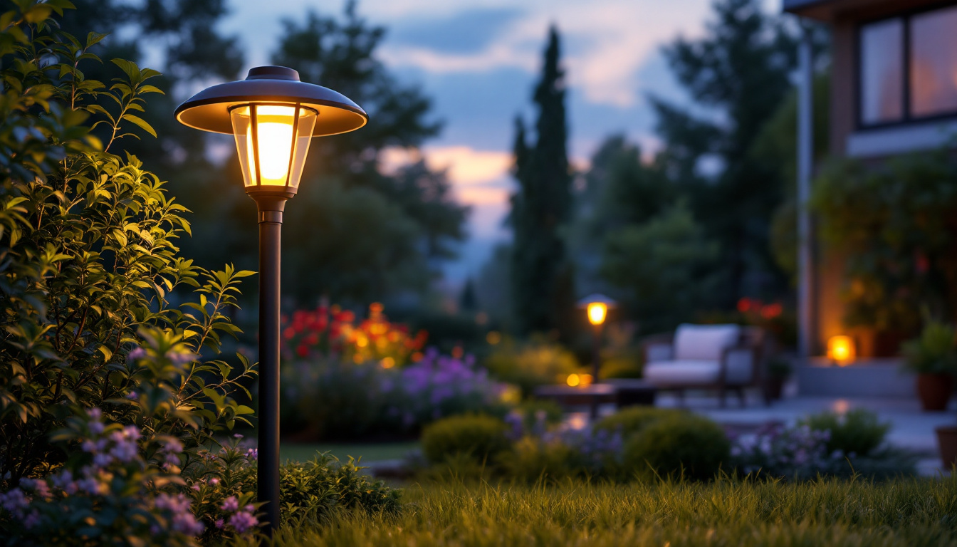 A photograph of a stylish outdoor plug-in lamp post illuminated at dusk