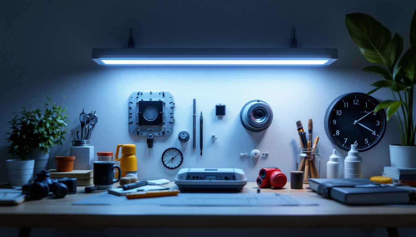 A photograph of a well-lit workspace featuring under shelf led lighting illuminating various engineering tools and materials