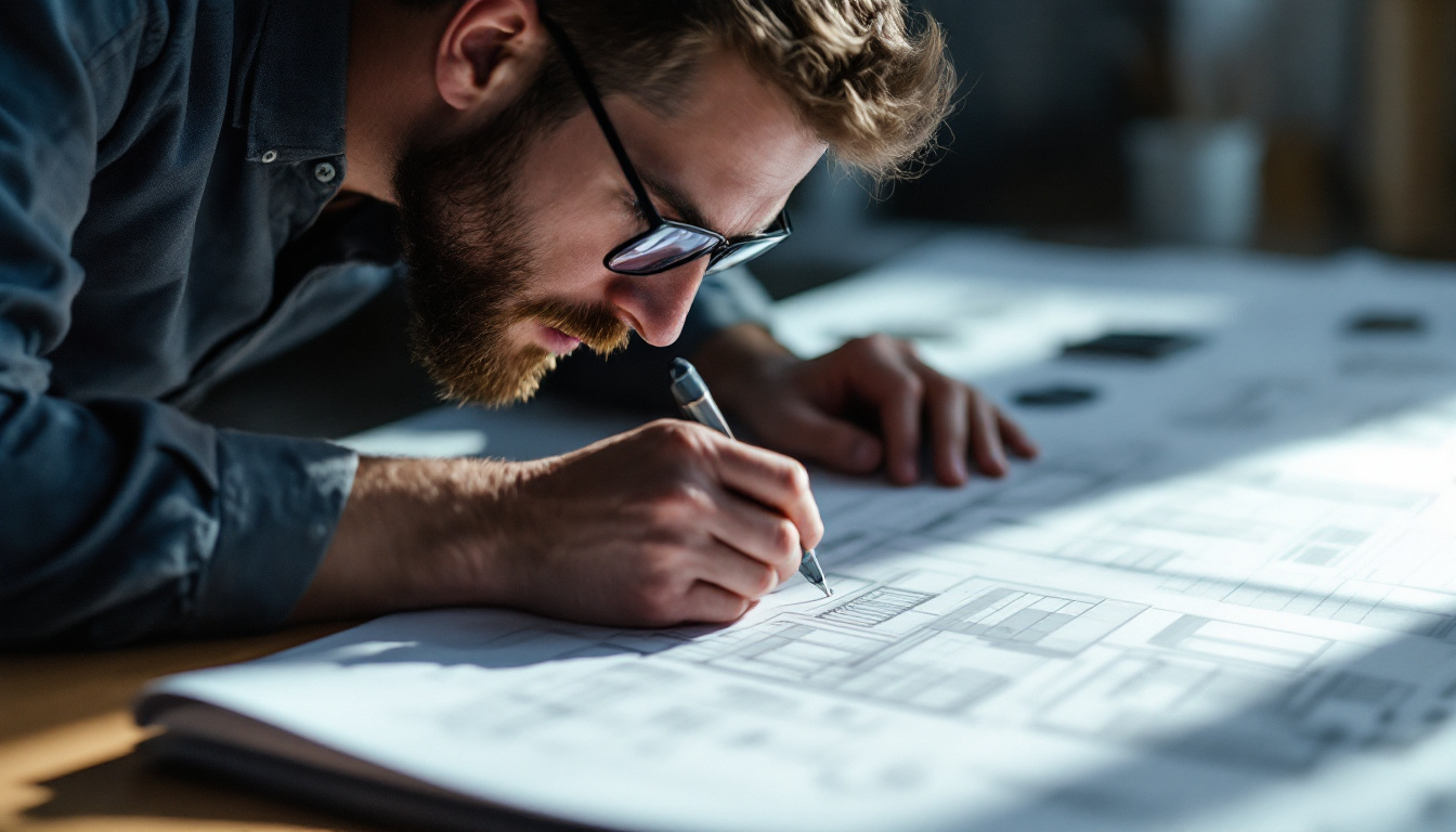 A photograph of a skilled engineer examining a detailed blueprint or design of a flag