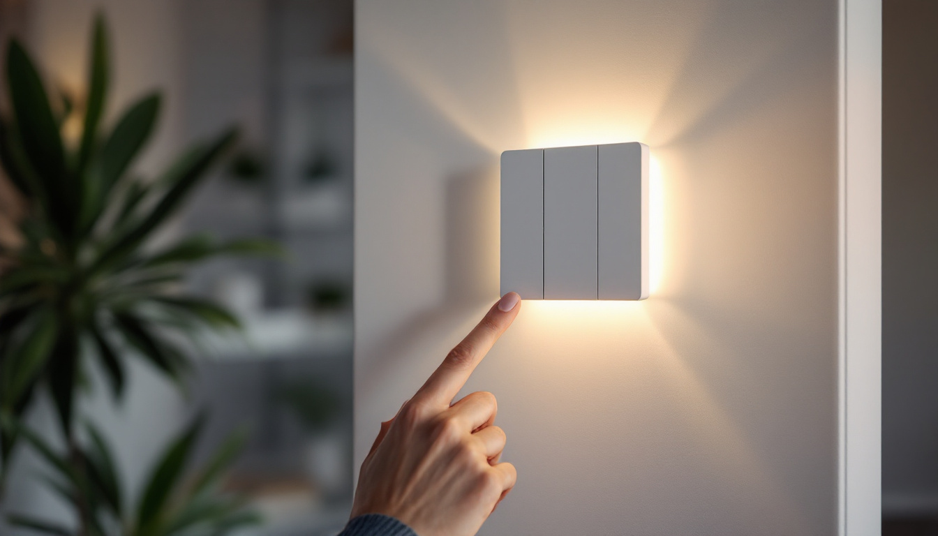A photograph of a modern smart home switch installed on a stylish wall