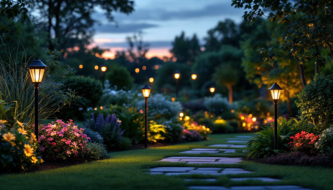 A photograph of a beautifully illuminated garden scene at dusk