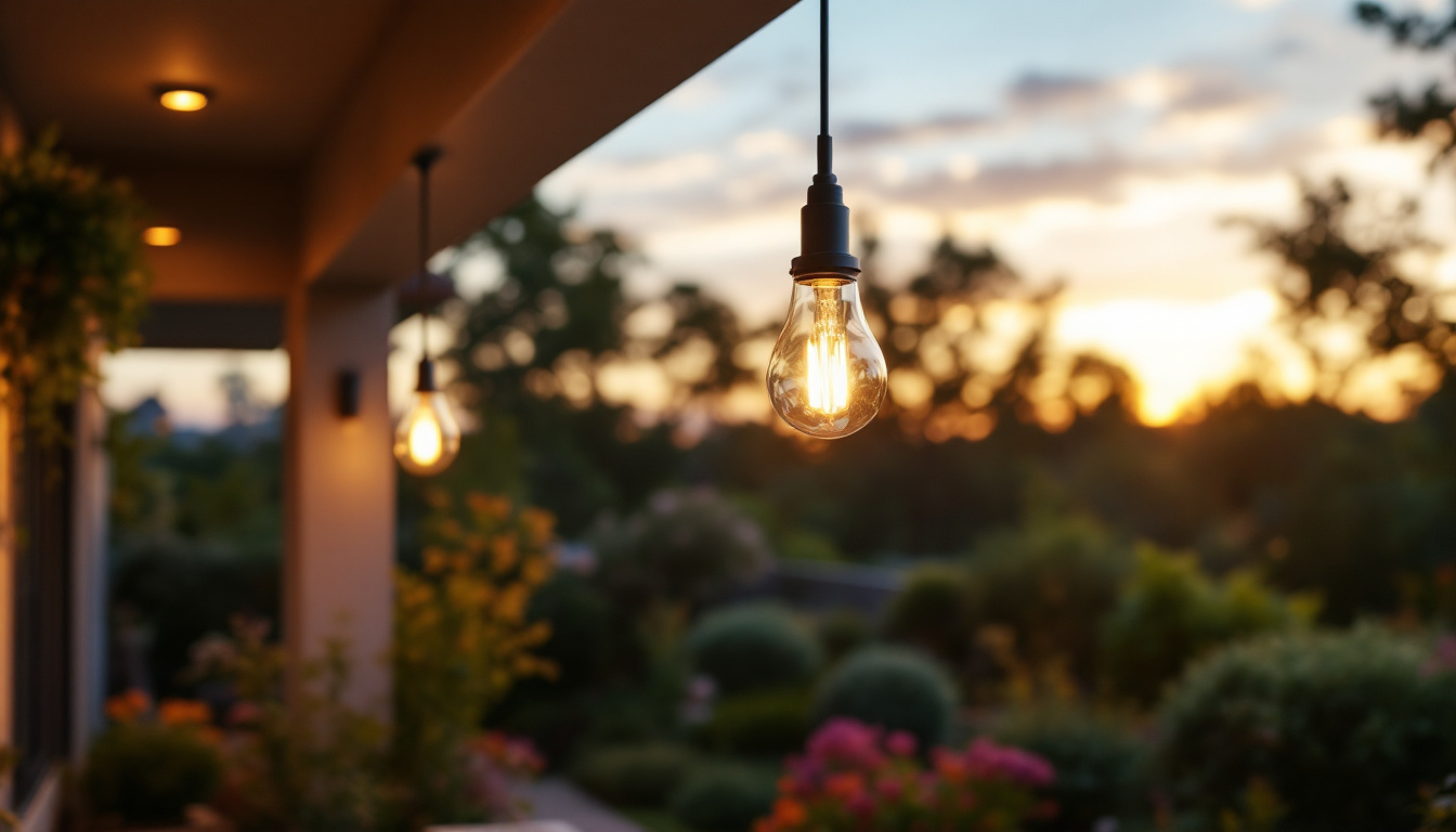 A photograph of a stylish outdoor ceiling light fixture installed in a beautifully landscaped patio or porch setting during the golden hour