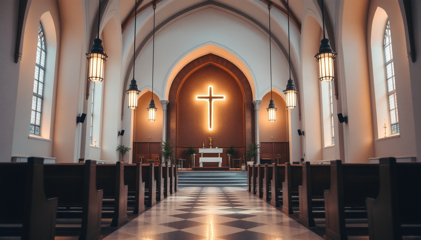 A photograph of a beautifully lit church interior that highlights various lighting fixtures