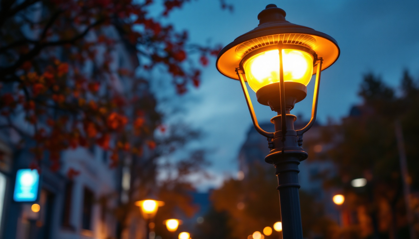 A photograph of a cobra head streetlight illuminating a city street at dusk