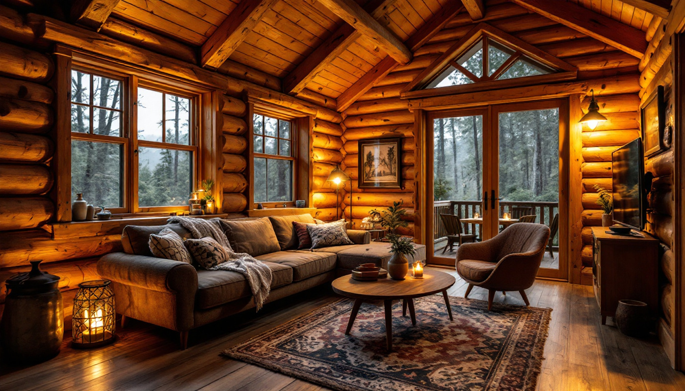 A photograph of a cozy log cabin interior illuminated by warm