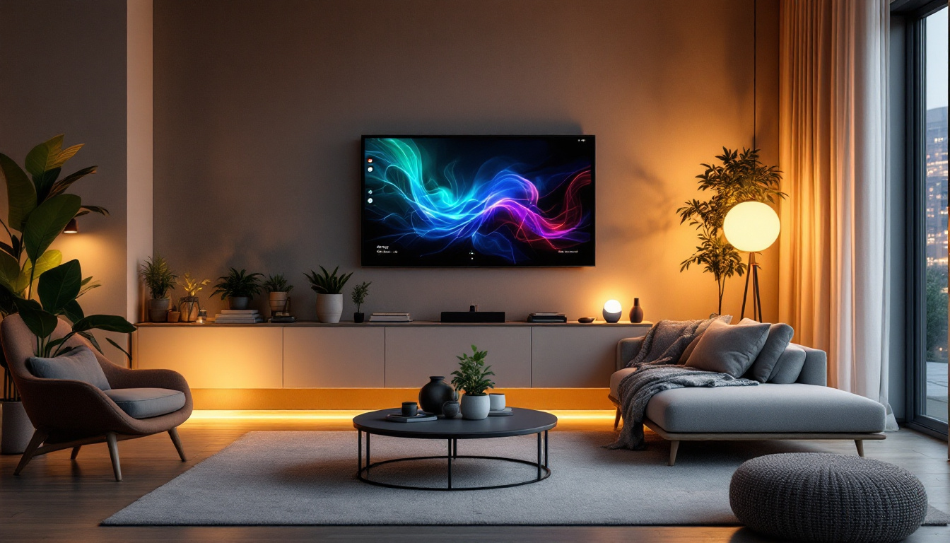 A photograph of a modern living room showcasing various smart lighting solutions in action