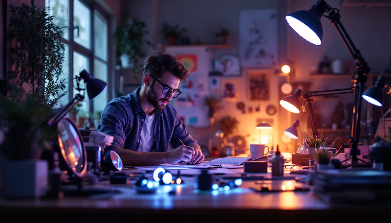 A photograph of a well-lit workspace featuring an electrical engineer analyzing light mirror designs