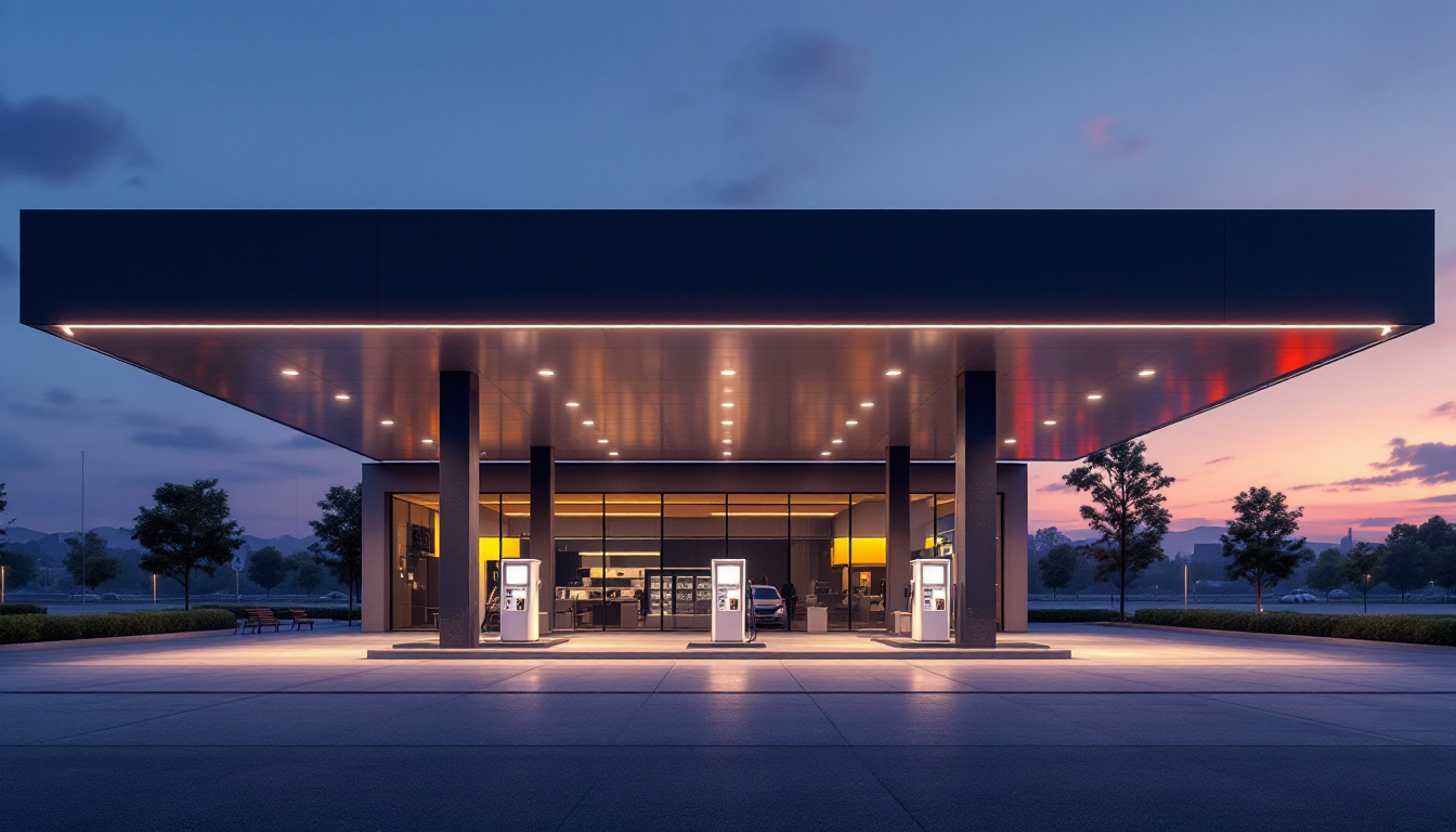 A photograph of a modern gas station illuminated by innovative light fixtures
