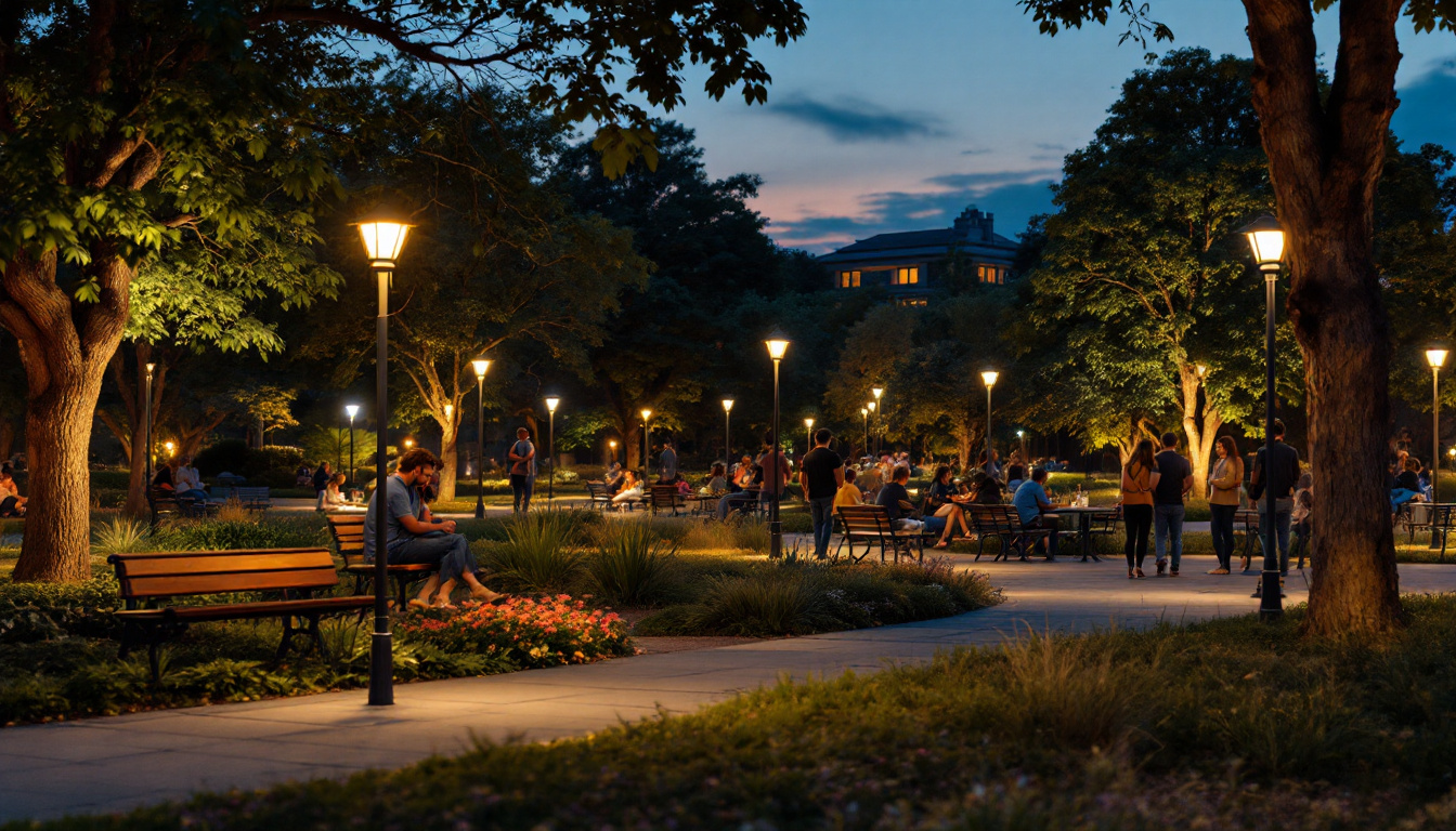 A photograph of a well-lit park at dusk
