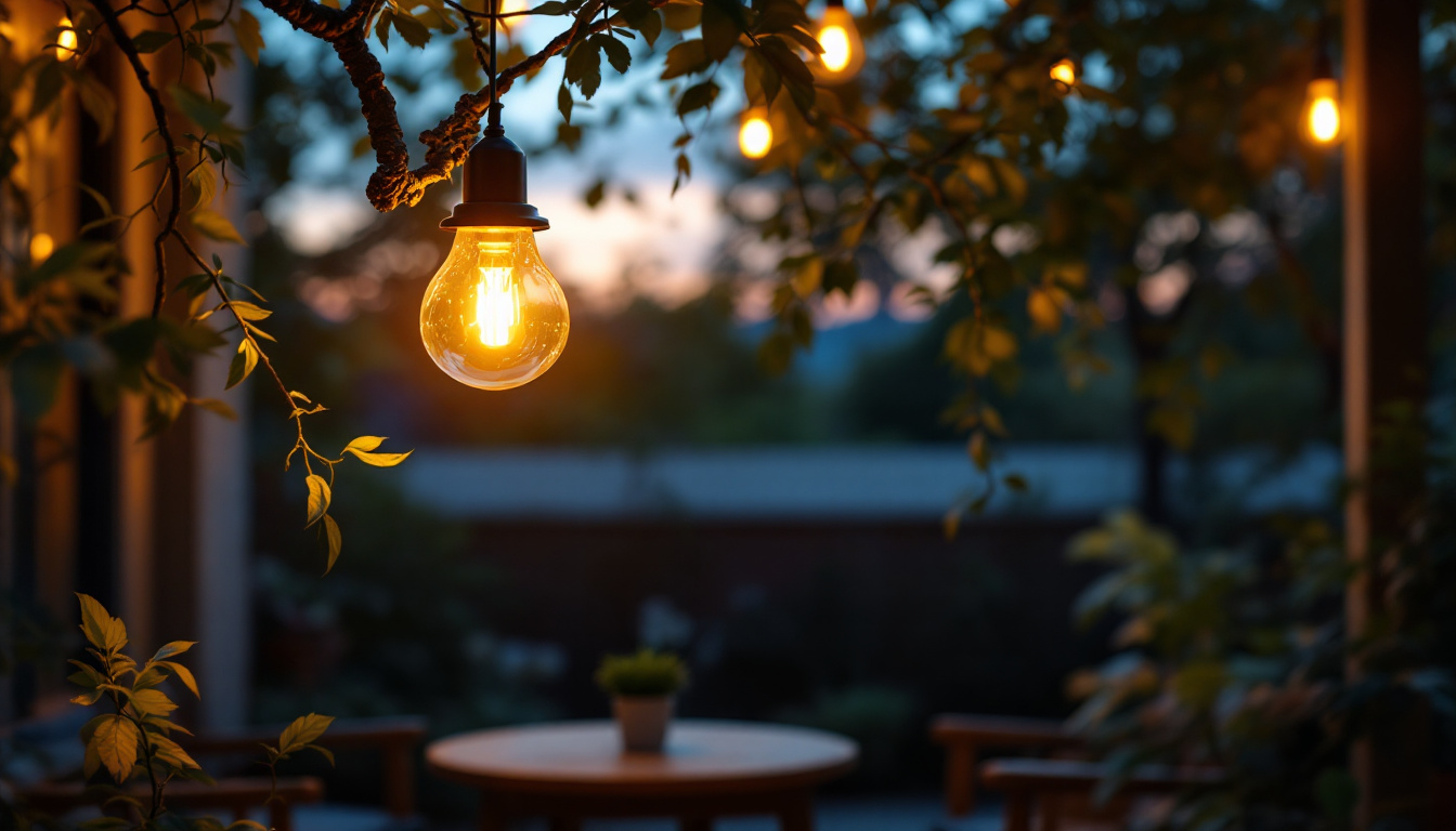 A photograph of a beautifully lit outdoor space featuring a solar-powered pendant light
