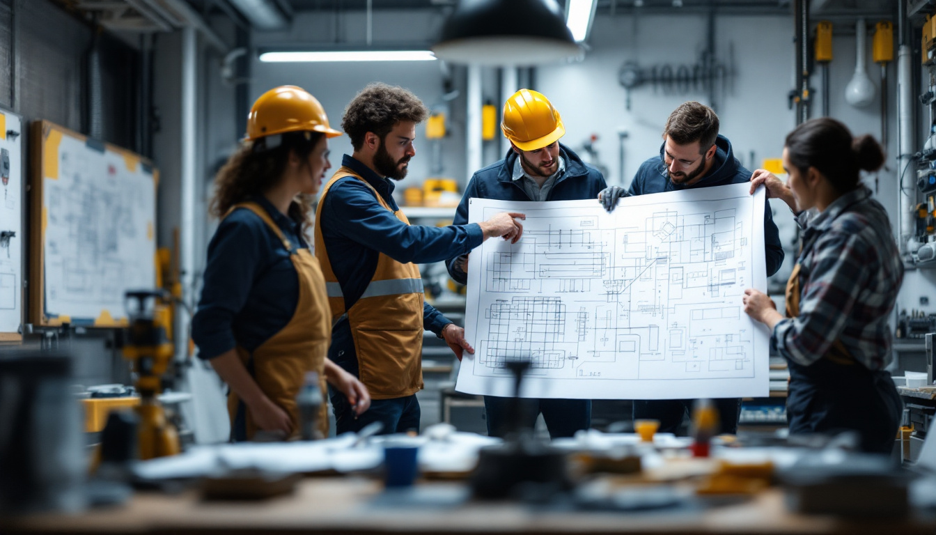 A photograph of a diverse group of engineers collaborating around a large blueprint or technical drawing