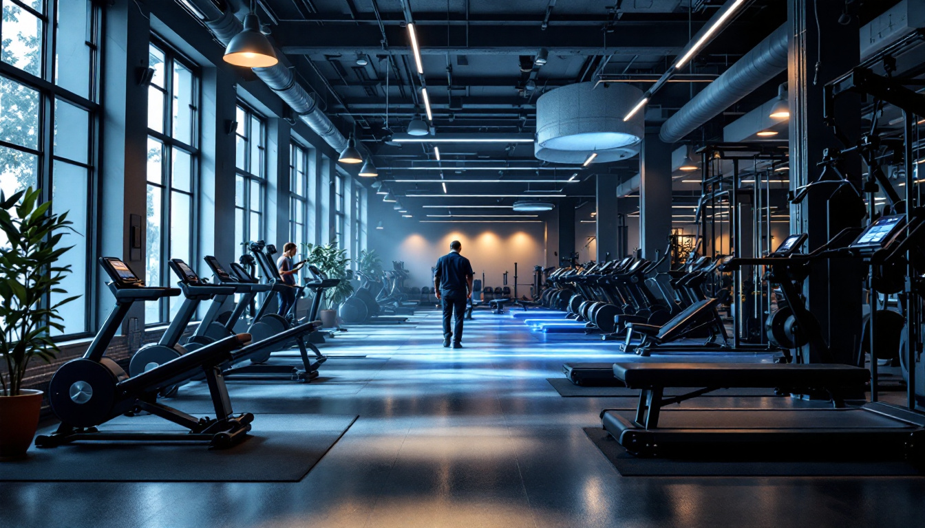 A photograph of a modern gym interior showcasing innovative lighting solutions