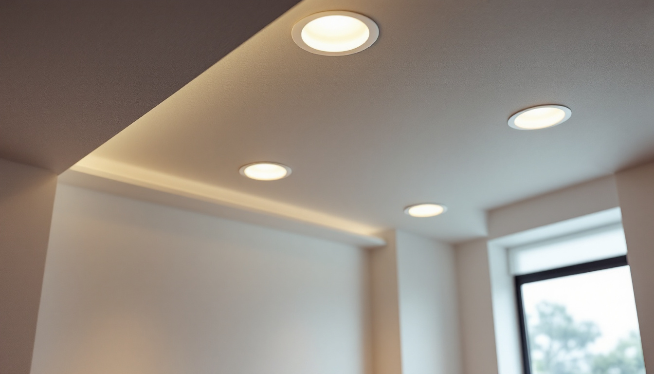 A photograph of a well-designed room featuring recessed can lights installed in an angled ceiling