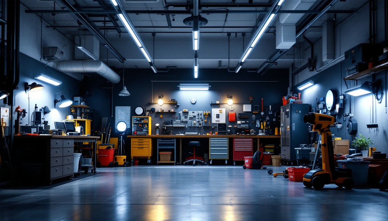 A photograph of a well-lit garage showcasing various led lamps in action