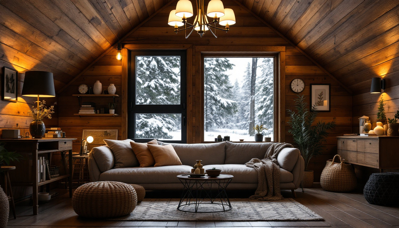 A photograph of a cozy cabin interior featuring stylish light fixtures that illuminate the space