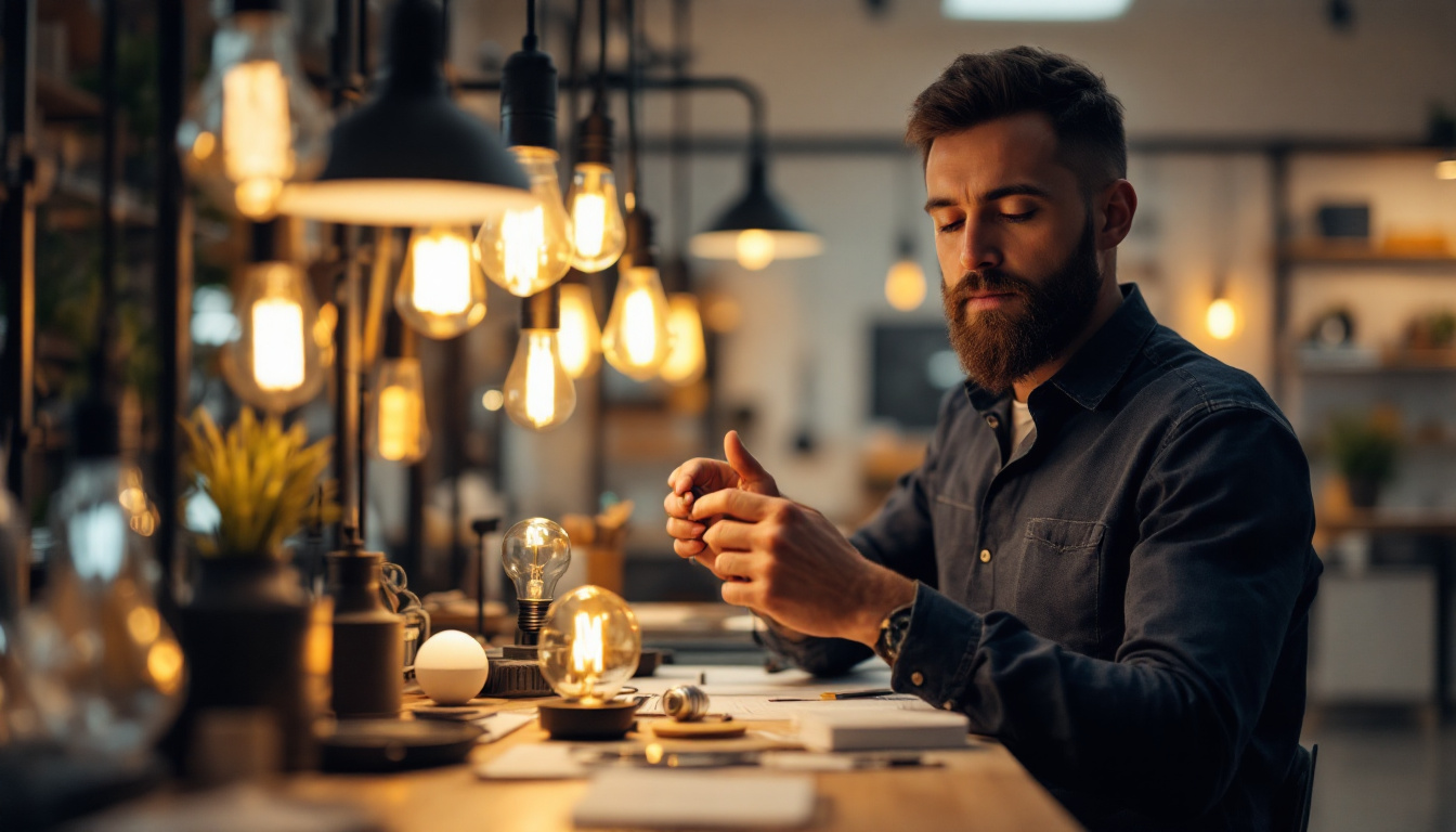 A photograph of a well-lit workspace featuring a variety of bulbs and lamps