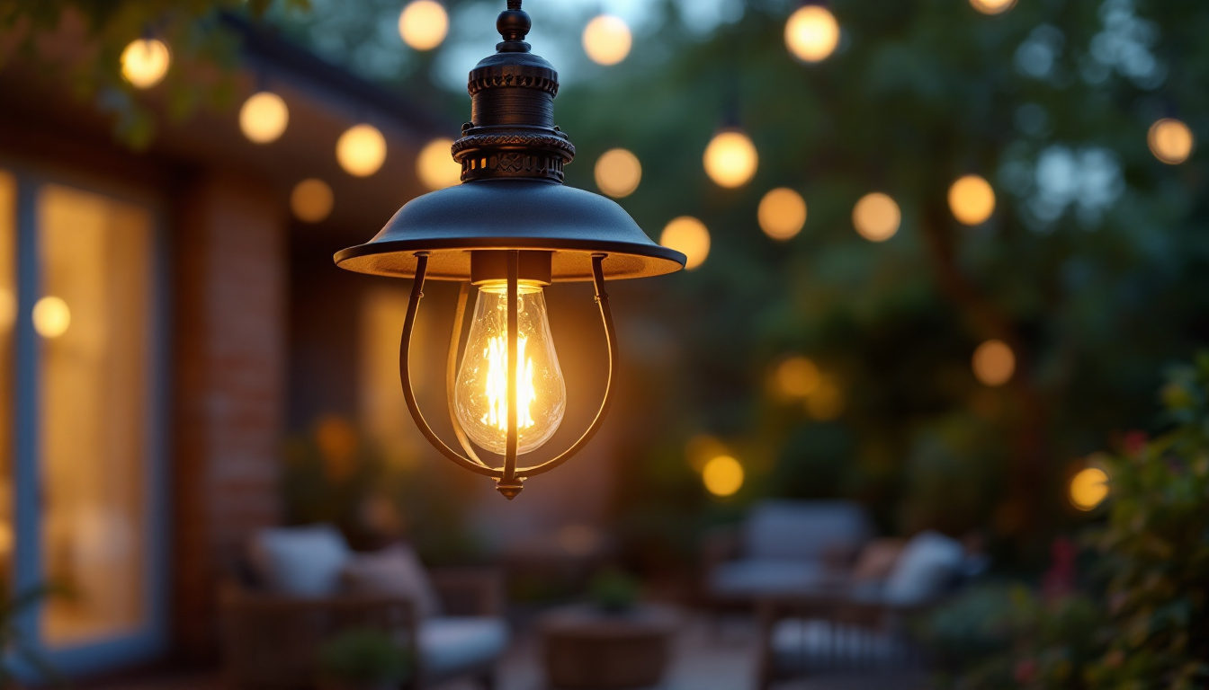 A photograph of a beautifully designed hanging patio light illuminated at dusk